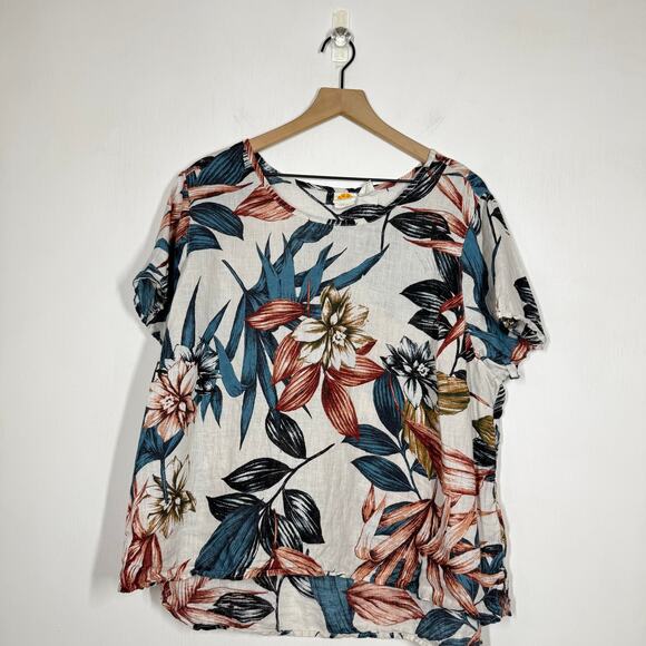 C & C California 100% Linen Short Sleeve Top Plus Size 2X Boho Tropical Vacation - Picture 1 of 8